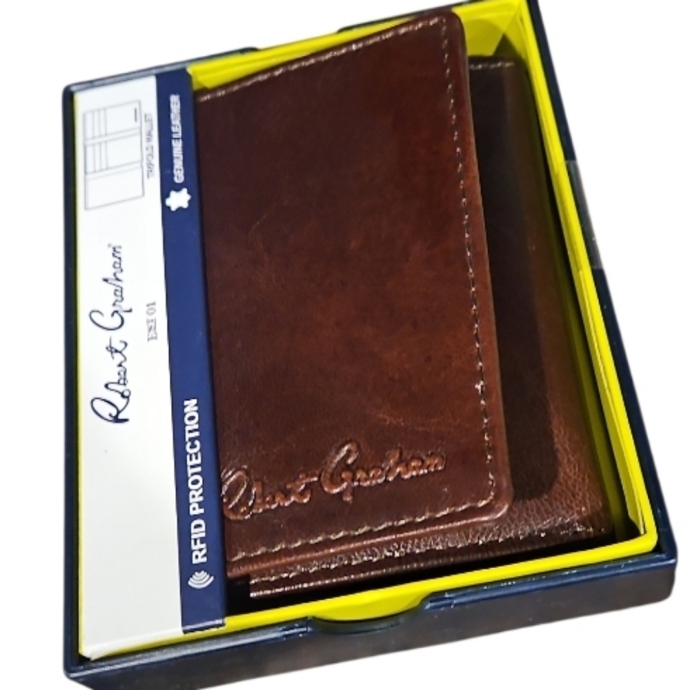 NEW! ROBERT GRAHAM Men's Dark Brown Leather Bi-Fold Wallet RFID Protection.
